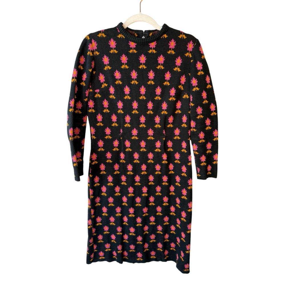 Vintage Johnathan Martin Black Floral Knit Dress with Pink & Gold Pattern Size S